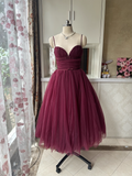 Elegant Burgundy A-Line Evening Gown Sweetheart Spaghetti Strap Party Dress Tulle Long Formal Dress HZ1024