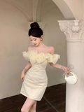 Fashion Light Yellow Sequin Off-the-shoulder Design A-line Strapless Homecoming Dress HZ1024