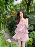 Stylish Pink Patchwork Ruffled Sleeveless Seaside Holiday Halter Dress HZ1024