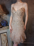 Vintage Champagne Spaghetti Strap V-neck Sparkling Beaded Design Elegant Chiffon Evening Dress Prom Dress HZ1024