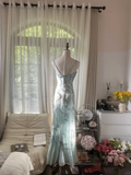 Retro Light Green Sparkling Beaded Spaghetti Strap Design Elegant Chiffon Evening Dress Prom Dress HZ1024