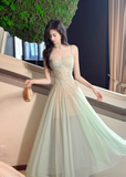 Vintage Sage Green Chiffon Prom Dress A-Line Spaghetti Strap Evening Dress Long Formal Dress HZ1024