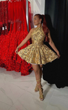 Sparkling Golden Sequin Embroidered Halter Dress Design A-line Applique Party Dresses Homecoming Dresses HZ1024