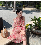 New Fashion Pink Floral Design Long Sleeves Off-the-shoulder A-Line Halter Dress HZ1024