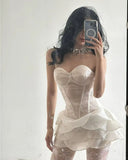 Vintage Ivory A-Line Homecoming Dress Shiny Sweetheart Party Dress Short Strapless Tiered Cocktail Dress HZ1024