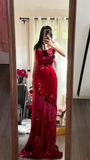 Vintage Red Sparkling Sequin Spaghetti Strap Design Elegant Chiffon Evening Dress Prom Dresses HZ1024