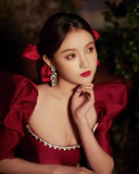 Vintage Burgundy A-Line Homecoming Dress Beaded Short Puff Sleeves Party Dress A-Line Cocktail Dress HZ1024