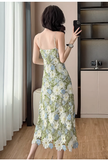New Fashion Green Floral Embroidery Design Midi A-line Spaghetti Strap Dress HZ1024