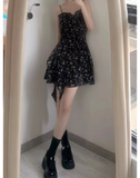 New Fashion Floral Design A-line Black High-waist Sleeveless Spaghetti Strap Dress HZ1024