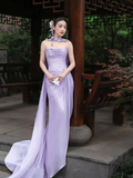 Elegant Light Purple Strapless Sheath Chiffon Long Evening Dress Prom Dresses HZ1024