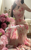 Retro Pink Floral Spaghetti Strap Design Elegant Chiffon Evening Dress Prom Dresses HZ1024