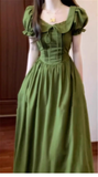 Vintage Olive Green Prom Dress A-Line Short-sleeve Evening Dress Long Formal Dress HZ1024