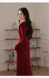 Vintage Burgundy Sheath Prom Dress Long-sleeve Evening Dress Knit Long Formal Dress HZ1024