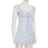 Cute Light Blue Floral Square-neck A-Line Short Summer Dresses Party Dress Homecoming Dress HZ1024