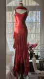 Vintage Red Embroidery Prom Dress Beaded Mermaid Evening Dress Long Formal Dress HZ1024