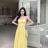 Women New Simple Fashion Yellow High-waist Spaghetti Strap Dress HZ1024