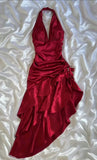 Vintage Hot Red Satin Prom Dress V-neck Ruffles Halter Dress Evening Dress A-Line Formal Dress HZ1024
