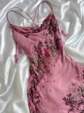 Vintage Pink Floral Embroidery Prom Dress Red Mermaid Evening Dress Satin Formal Dress HZ1024