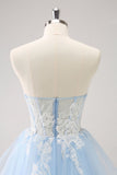 New Fashion Light Blue Flower Embroidery Design A-line Spaghetti Strap Homecoming Dress HZ1024