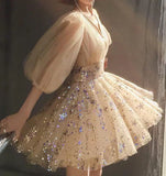 Chic Shiny Champagne Sequin Homecoming Dress V-neck Party Dress Short A-Line Cocktail Dress HZ1024