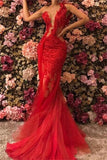 Vintage Red One-shoulder Mermaid Prom Dress Lace Evening Gown Party Dress Long Formal Dress HZ1024