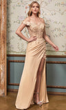 Vintage Beaded Sheath Prom Dress Off-the-shoulder Evening Dress High Slit Long Formal Dress HZ1024