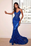 Vintage Shiny Beaded Mermaid Prom Dress V-neck Spaghetti Strap Evening Dress Long Formal Dress HZ1024