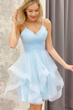 Fashion Light Blue Ruffled Hem Design A-line Tulle Short Spaghetti Strap Homecoming Dress HZ1024