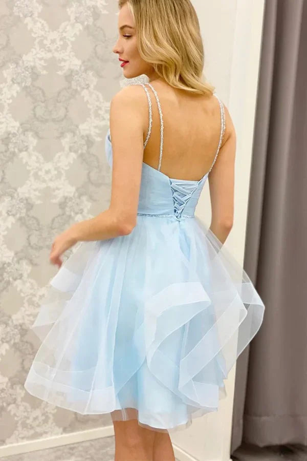 Fashion Light Blue Ruffled Hem Design A-line Tulle Short Spaghetti Strap Homecoming Dress HZ1024