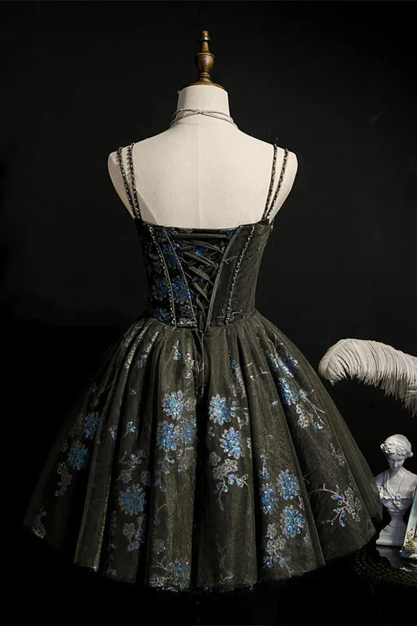 Fashion Sequined Floral Design A-line Sweetheart Tulle Short Spaghetti Strap Homecoming Dress HZ1024