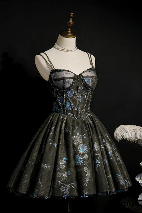 Fashion Sequined Floral Design A-line Sweetheart Tulle Short Spaghetti Strap Homecoming Dress HZ1024