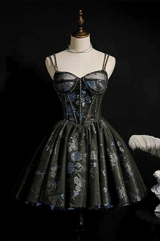 Fashion Sequined Floral Design A-line Sweetheart Tulle Short Spaghetti Strap Homecoming Dress HZ1024