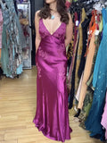 Vintage Hot Pink Satin Embroidery Prom Dress Sheath Backless Evening Dress Long Formal Dress HZ1024