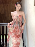 New Simple Fashion Floral Design A-Line Beach Holiday Strapless Dress HZ1024