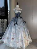 Beautiful Light Blue Lace Tulle Spaghetti Strap Sweet 16 Quinceanera A-Line Evening Dress Ball Gown HZ1024