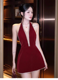 Simple Fashion Burgundy V-neck Halter Dress Design A-line Party Dress Homecoming Dress HZ1024