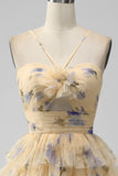 Vintage Yellow Floral Design A-line Spaghetti Strap Tiered Homecoming Dress HZ1024