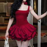 Vintage Burgundy Square-neck A-Line Ruffles Short Summer Dresses Party Dress Homecoming Dress HZ1024