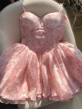 Fashion Pink Sweetheart Floral Spaghetti Strap Design A-line Chiffon Party Dress Homecoming Dress HZ1024