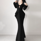 New Sexy V-neck Black Mermaid Long-sleeved Dress HZ1024