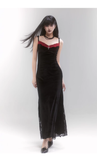 Simple Fashion Black Velvet Red Lace Spaghetti Strap Dress HZ1024