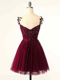 Vintage Burgundy Applique Sweetheart Spaghetti Strap Design A-line Tulle Party Dress Homecoming Dress HZ1024
