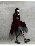 Elegant Fashion Red Velvet Irregular Dress Edge Design Gothic style party High-waisted Long-sleeved Dress HZ1024