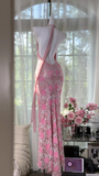 Vintage Gorgeous Pink Floral V-neck Applique Elegant Chiffon Long Evening Dress Prom Dresses HZ1024