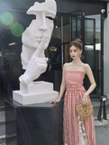 New Fashion Red Plaid Lace Patchwork Design Beach Holiday A-line Sleeveless Strapless Dress HZ1024