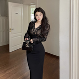 Women New Sexy Black Lace Long-sleeved Dress HZ1024
