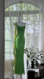 Vintage Shiny Sequin Green Spaghetti Strap Design A-line Romantic Chiffon Evening Dress Prom Dress HZ1024