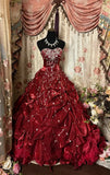 Vintage Burgundy Sweetheart Satin Strapless Beading Sweet 16 Quinceanera A-Line Evening Dress Ball Gown HZ1024