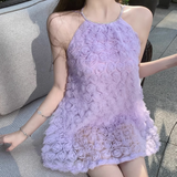 Fashion Purple 3D Flowers Tulle Design A-line Halter Homecoming Dress HZ1024