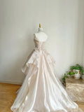 Elegant Pink A-line Strapless Pearl Tulle Floor-length Formal Prom Dress Evening Gown HZ1024